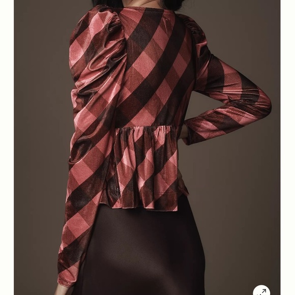 NWT Maeve Velvet Pink Maroon Plaid Puff Sleeve Top Low Cut Size Medium - Picture 4 of 12